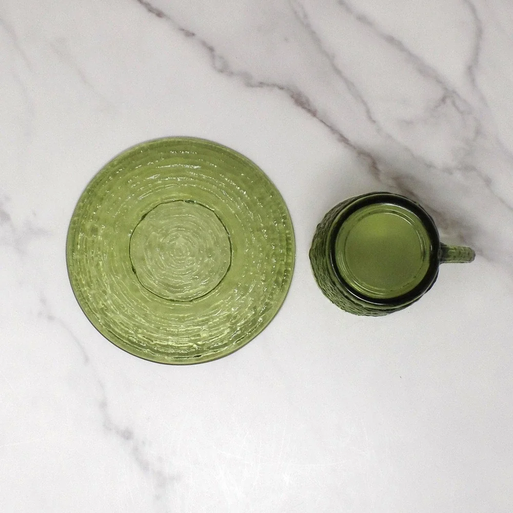 Vintage Anchor Hocking Soreno Avocado Green Glass Cup & Saucer, 6 oz (1966-70)